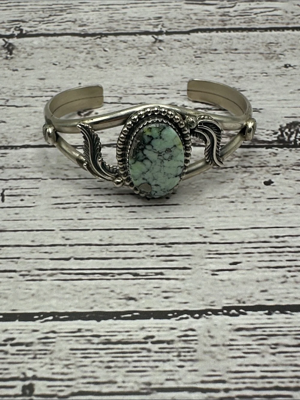 Silver Cuff Bracelet with Light Green Turquoise Stone